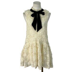 Zara Womens Ivory Lace Mini Dress Black Bow Detail Sleeveless Ruffle Collar Size